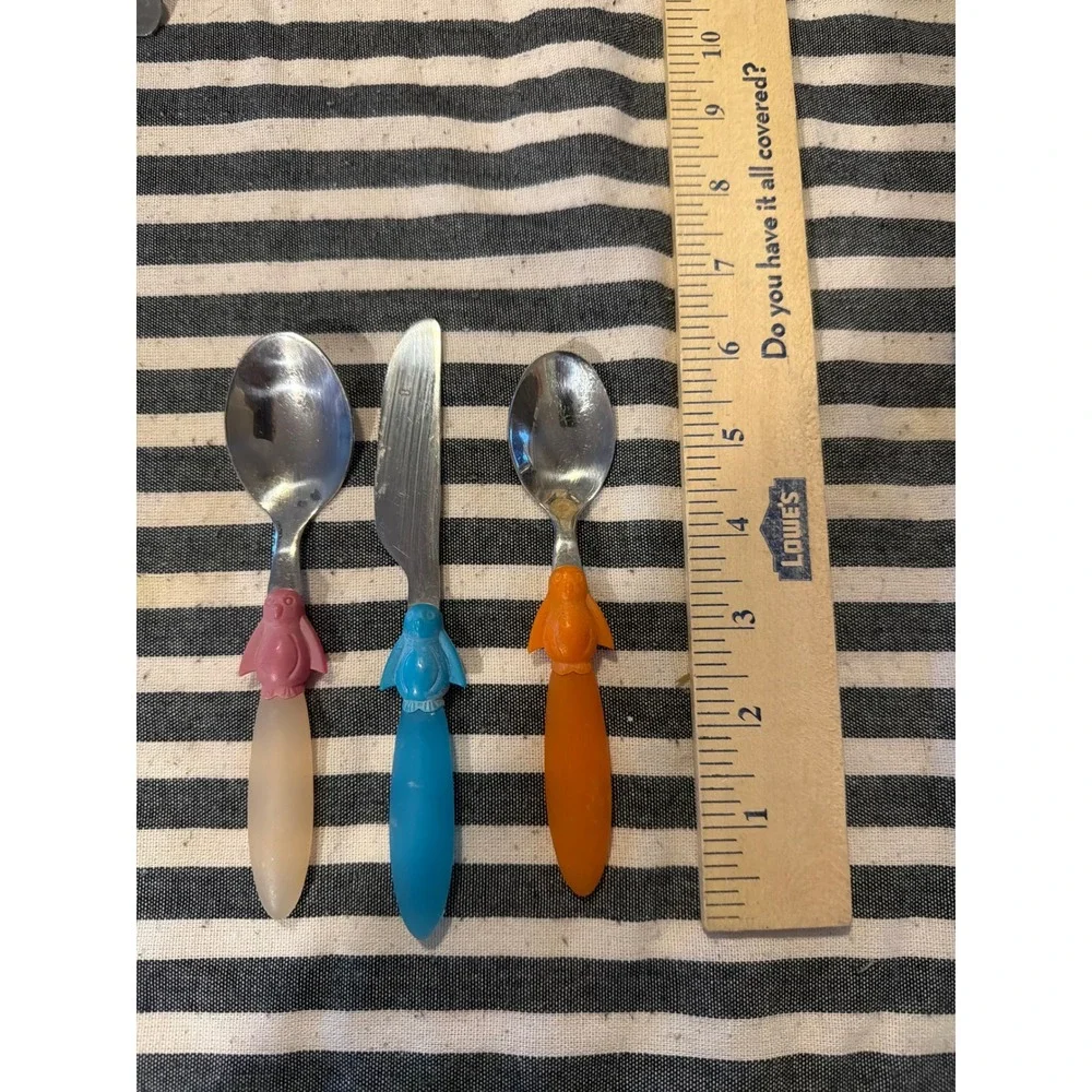 Jean Dubost Vintage Penguin Kids Flatware Set 4pc Multicolor Cutlery